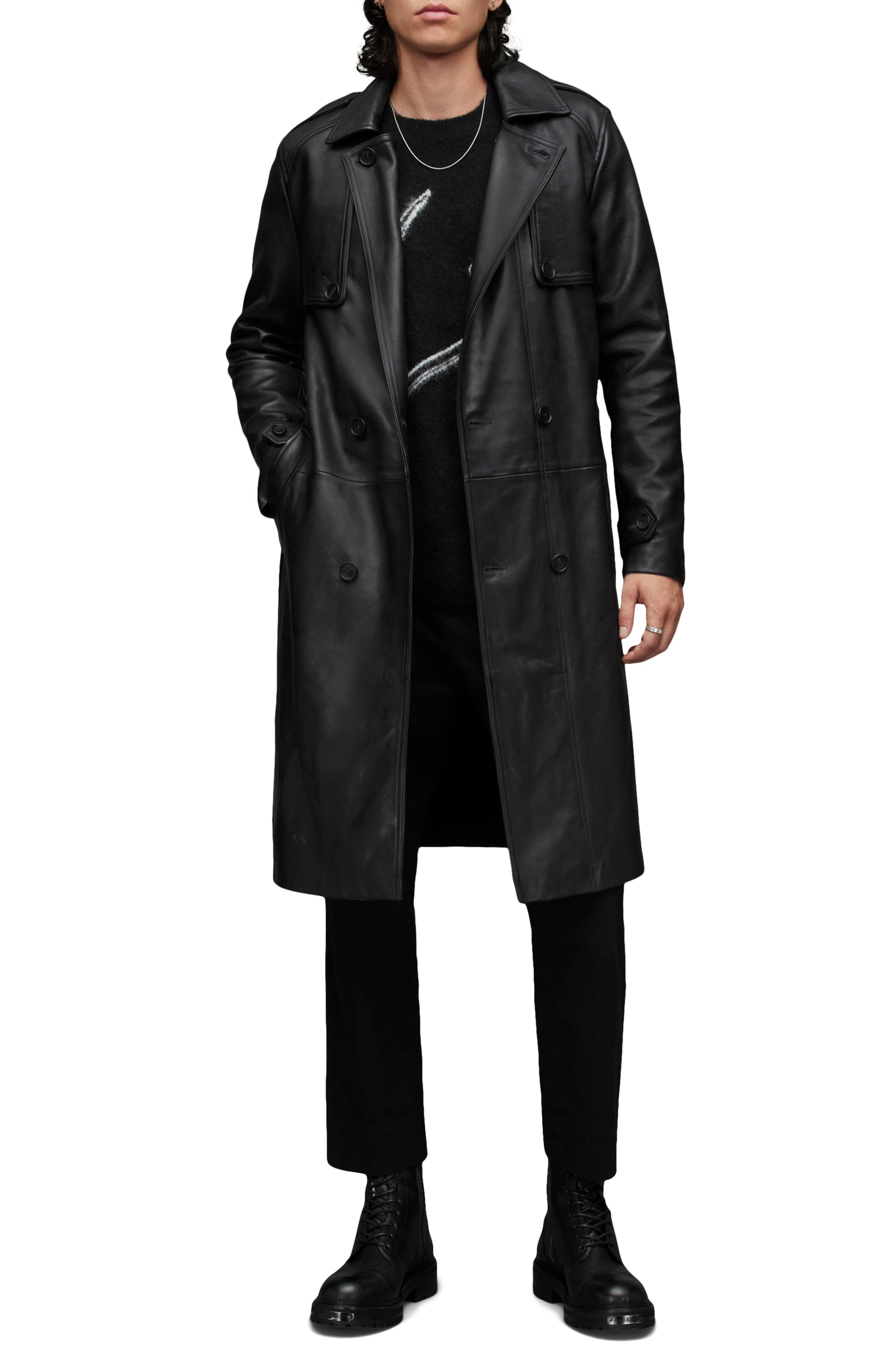 AllSaints Oken Double Breasted Leather Trench Coat (Men) | Nordstrom