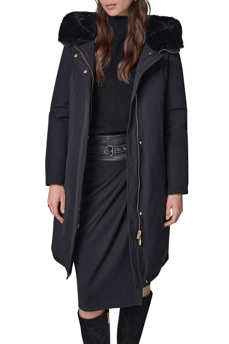 Belted Coat with Faux Fur Lined Hood, Alternate, color, BLACK