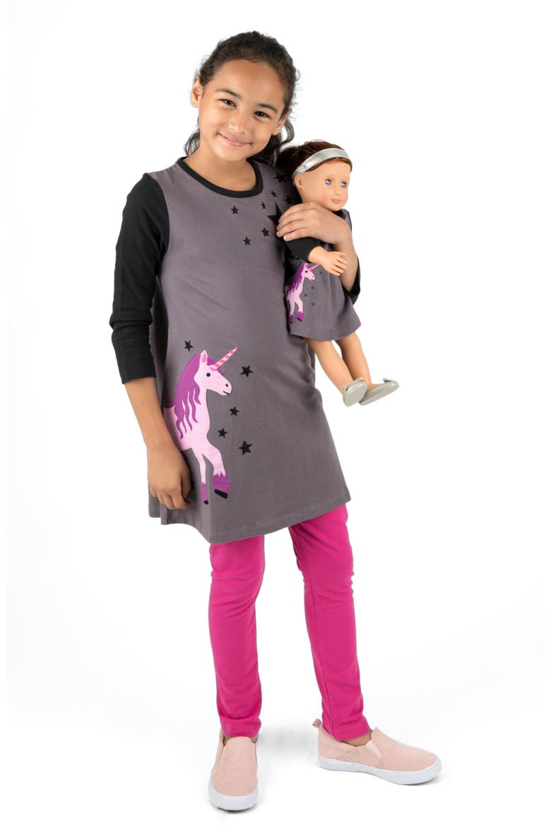 Girls Cotton Dress with Matching Doll Dress, Printed Design, Main, color, UNICORN WITH STARS