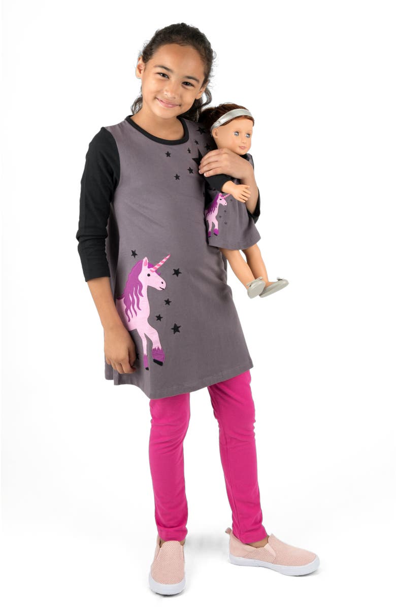 Leveret Girls Cotton Dress with Matching Doll Dress, Printed Design, Main, color, Unicorn With Stars