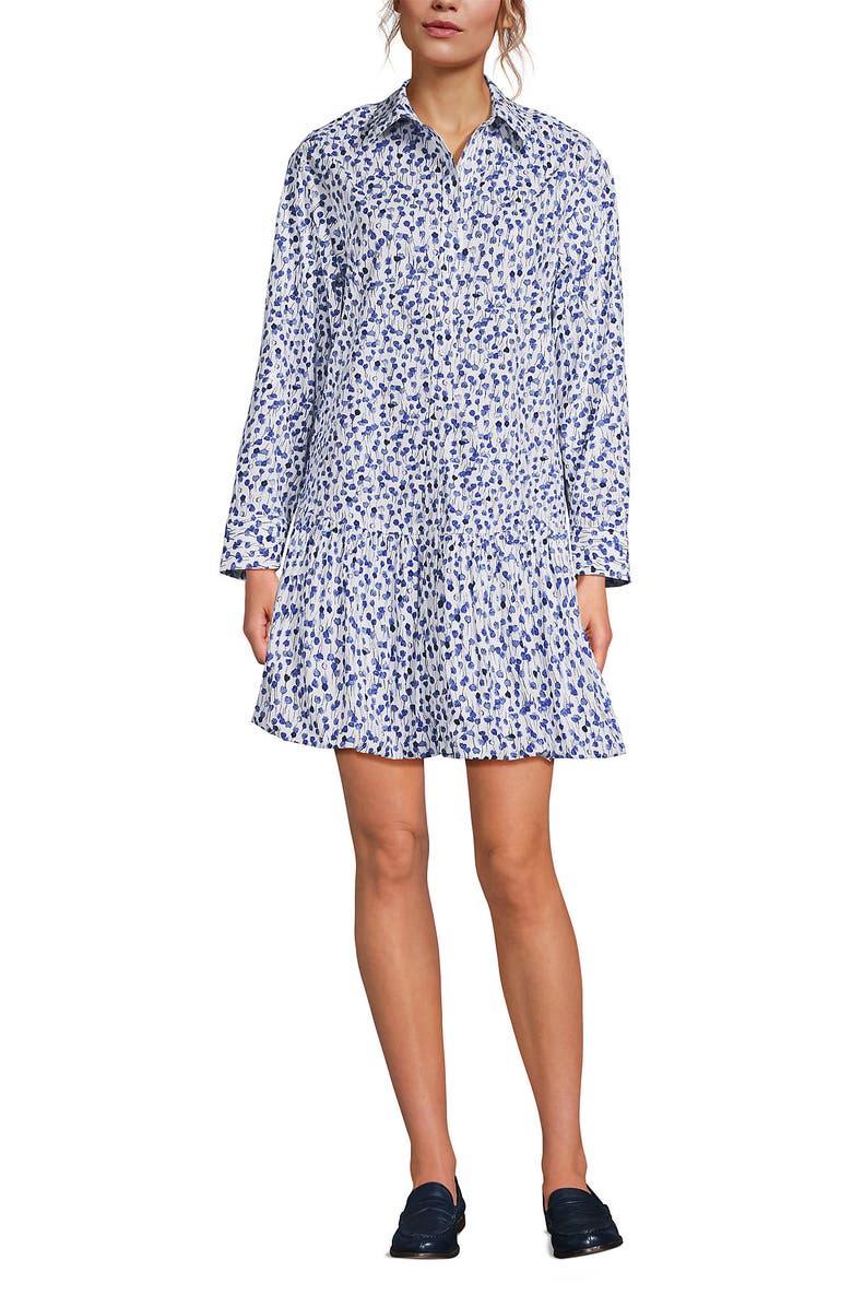 Lands' End Flounce Button Front Shirt Dress, Main, color, Blue Floral/White