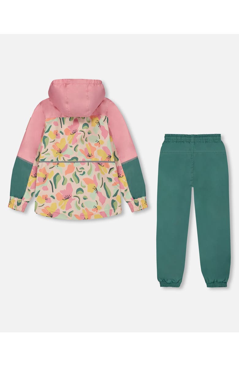 Deux par Deux Little Girl's Two-Piece Mid-Season Outerwear Set Sage, Pink, And Flowers On Beige, Alternate, color, 