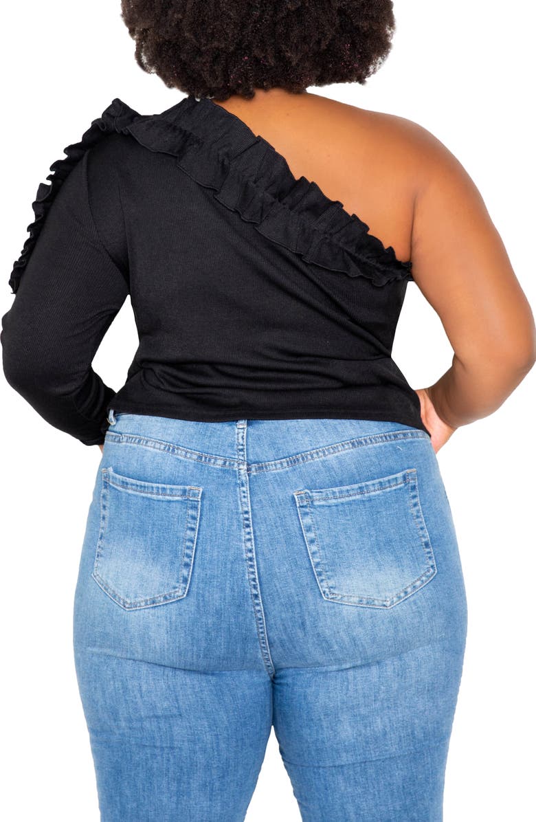 BUXOM COUTURE Cascade Ruffle One-Shoulder Rib Top, Alternate, color, Black