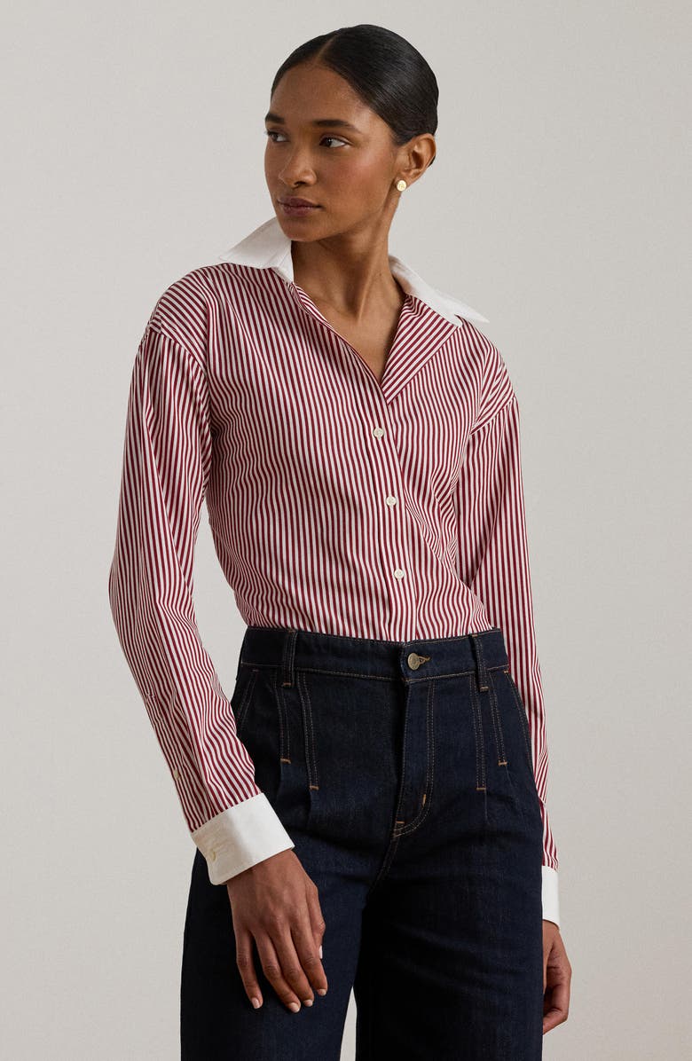 Lauren Ralph Lauren Stripe Cotton Broadcloth Button-Up Shirt, Alternate, color, Burgandy/ White Multi