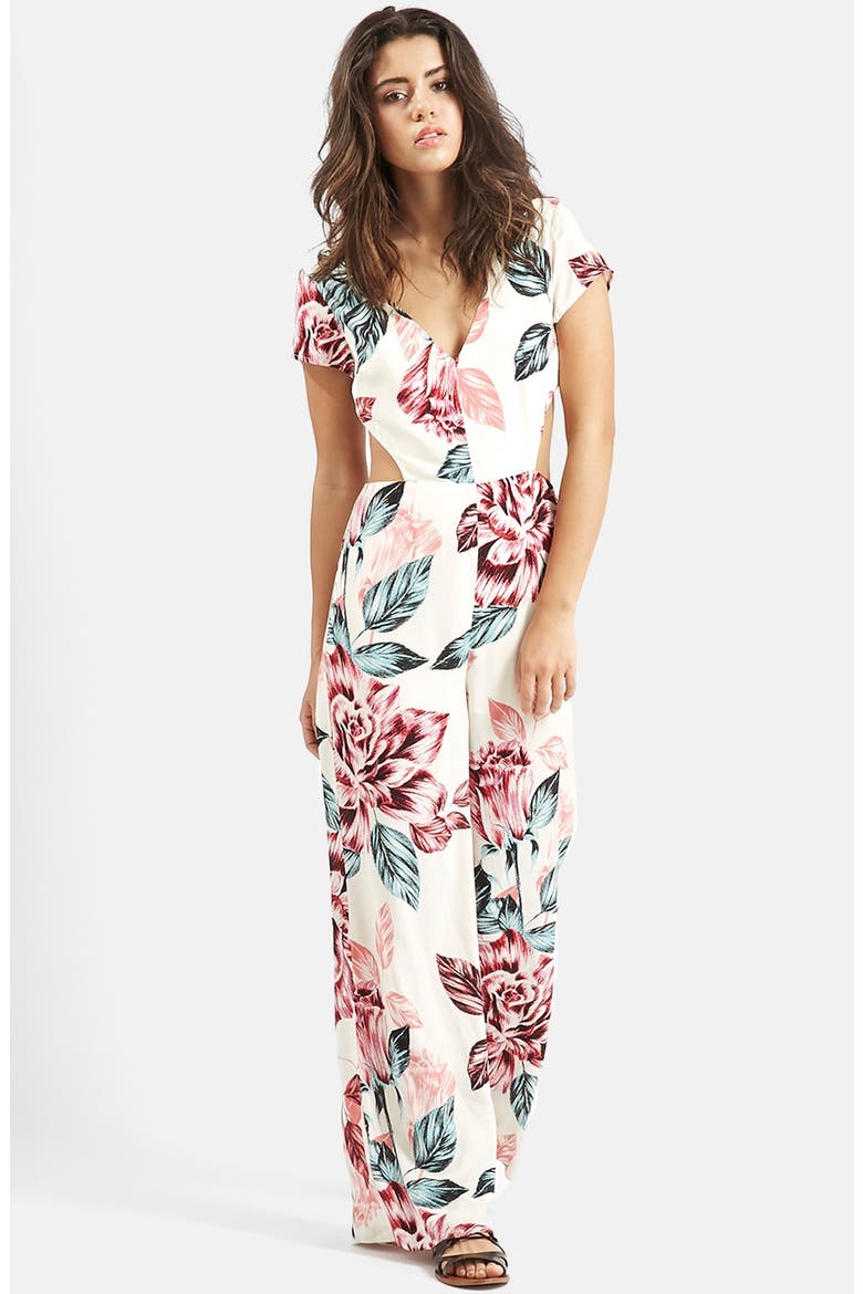 KENDALL + KYLIE at Topshop Floral Print Jumpsuit, Main, color, WHITE MULTI