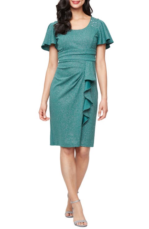 Glitter Ruched Flutter Sleeve Cocktail Dress
