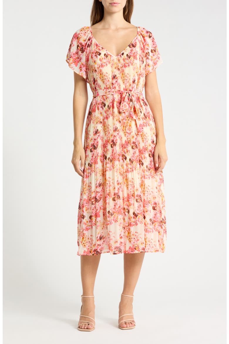 Floral Print Tie Waist Dress, Main, color, CALYPSO CORAL