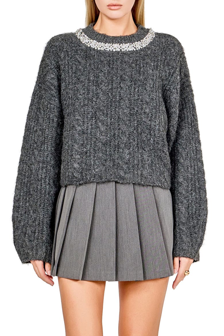 Jewel Fuzzy Cable Stitch Sweater, Main, color, CHARCOAL