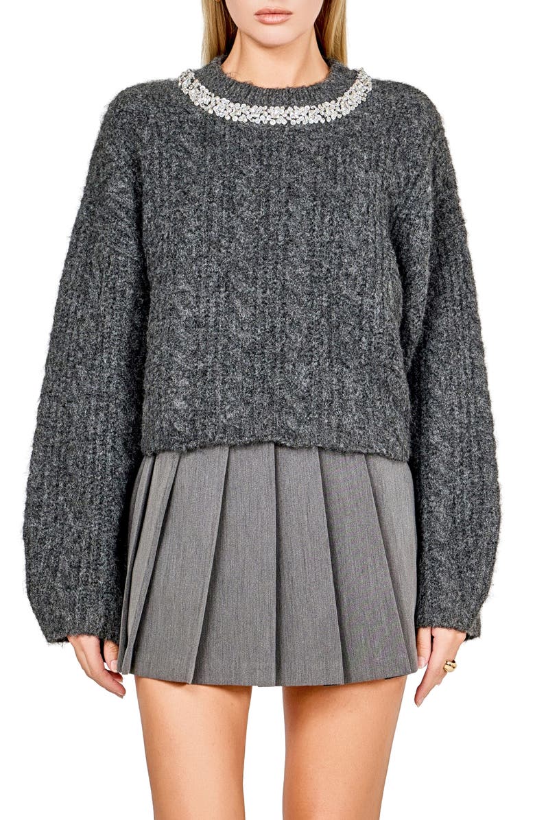 Endless Rose Jewel Fuzzy Cable Stitch Sweater, Main, color, Charcoal