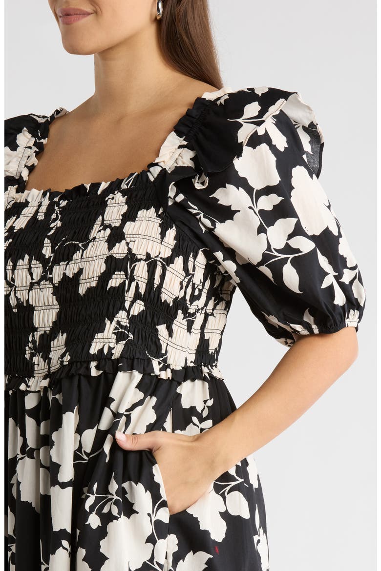 Mableton Floral Print Smocked Dress, Alternate, color, BLACK-CREAM