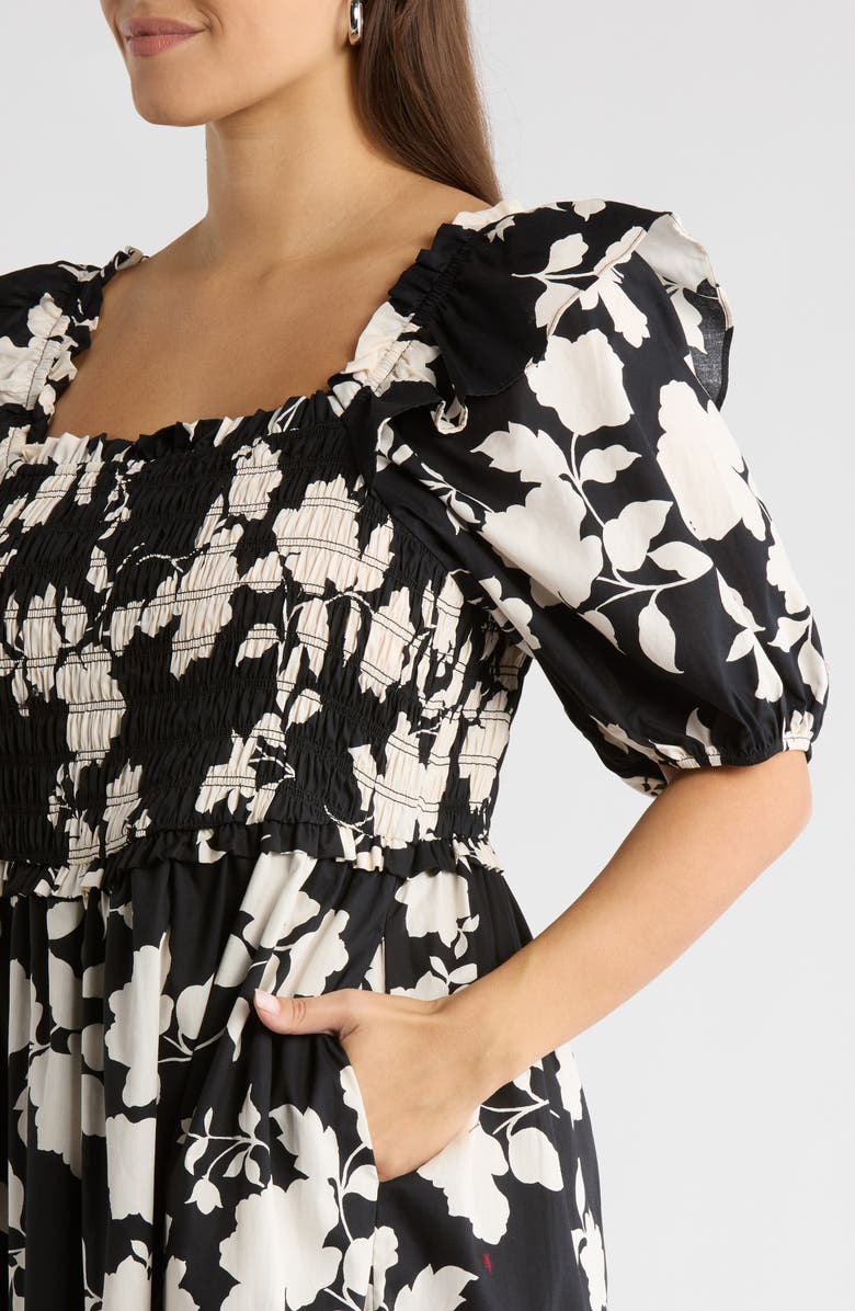 SUGARLIPS Mableton Floral Print Smocked Dress, Alternate, color, Black-Cream