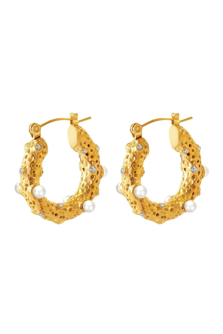 Waterproof Gold Plated Show Me Pearls Hoop Earrings with Cubic Zirconia, Main, color, Gold