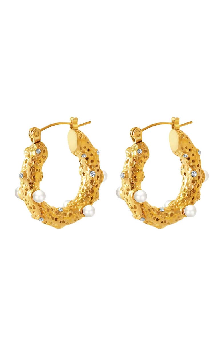 AKALIA Waterproof Gold Plated Show Me Pearls Hoop Earrings with Cubic Zirconia, Main, color, Gold