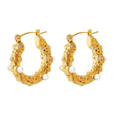 Waterproof Gold Plated Show Me Pearls Hoop Earrings with Cubic Zirconia