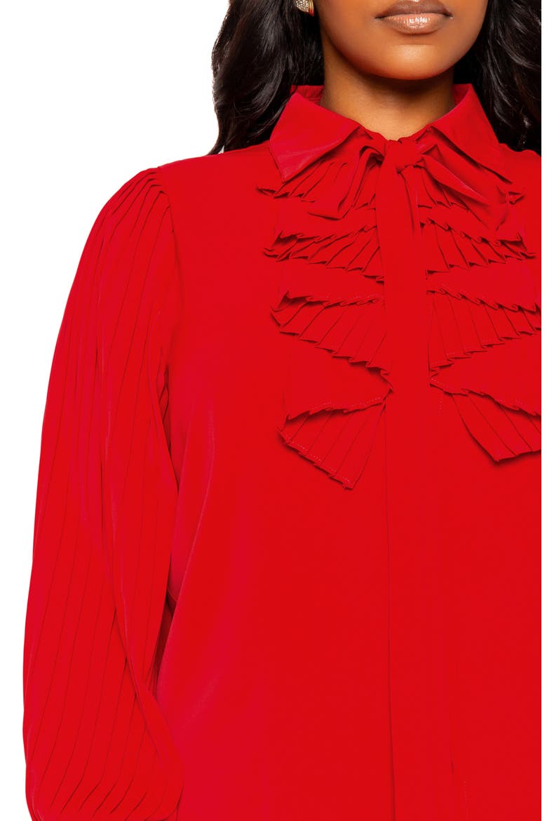 Tie Neck Pleated Sleeve Top, Alternate, color, RED