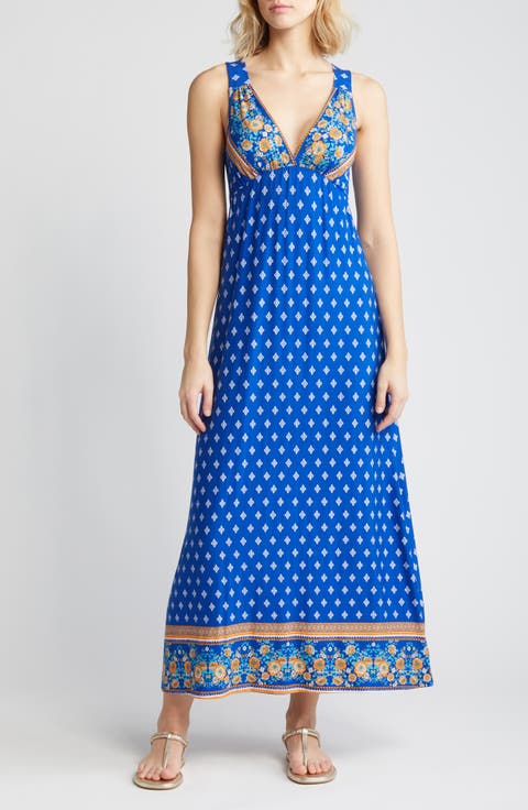 Border Print Sleeveless Jersey Maxi Dress