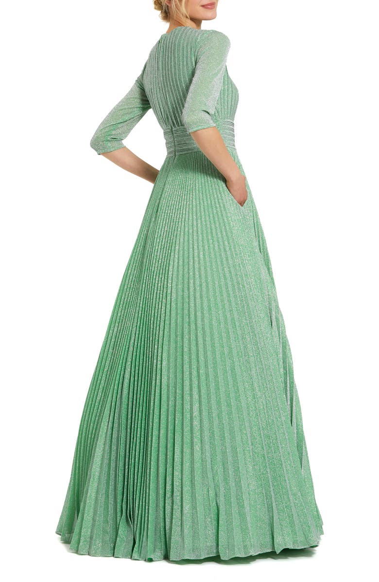 Mac Duggal Shimmering Georgette Pleated 3/4 Sleeve Gown, Alternate, color, Sage