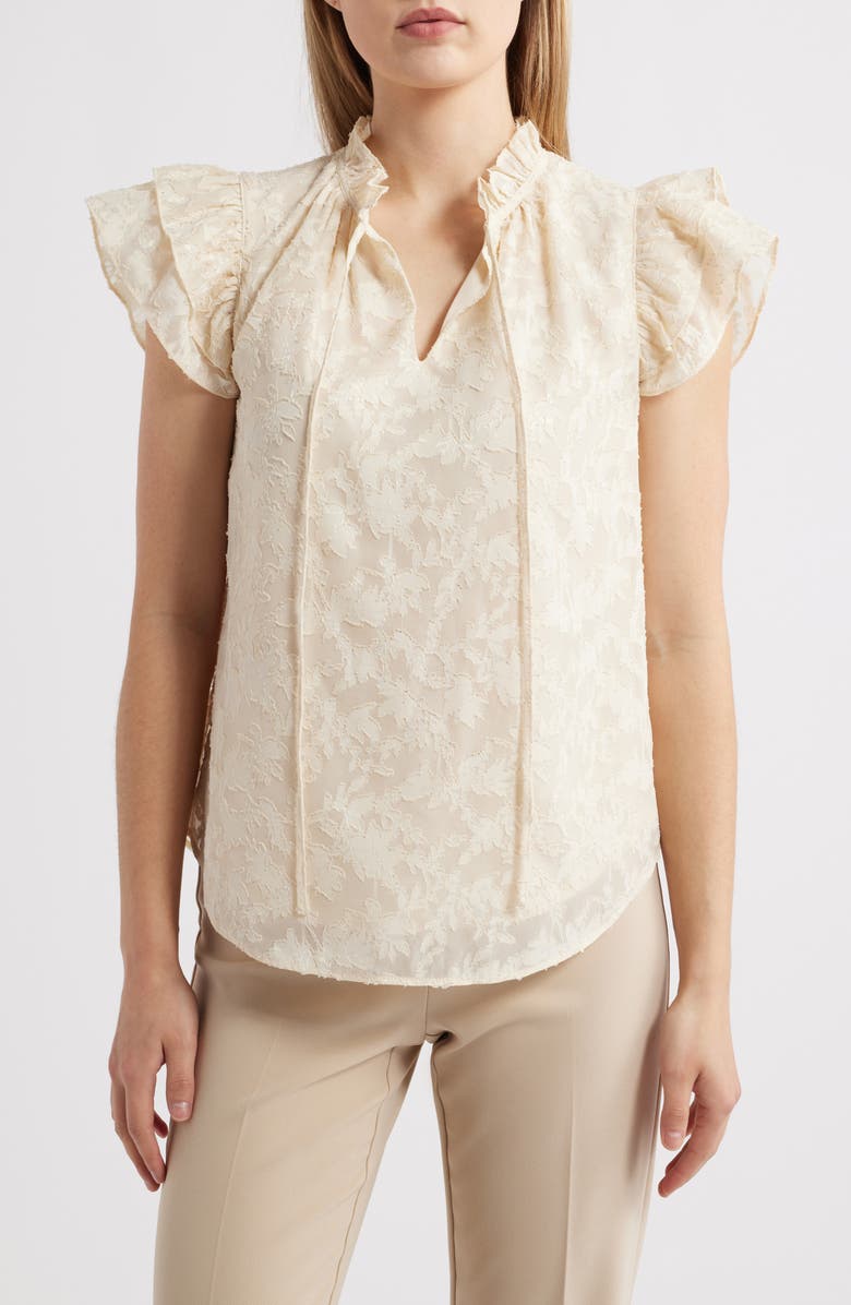 Anne Klein Ruffle Sleeve Tie Neck Jacquard Top, Main, color, 