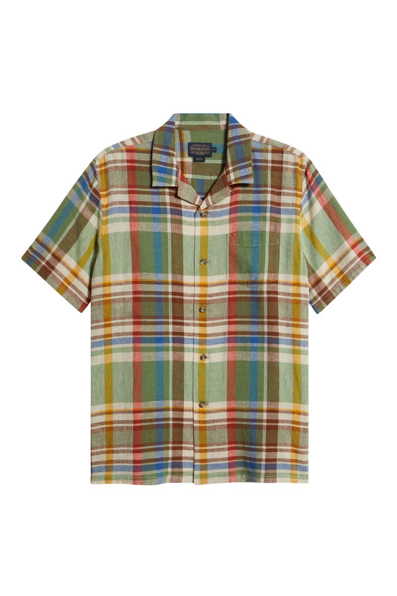 Plaid Linen Blend Camp Shirt, Alternate, color, GREEN MULTI PLAID