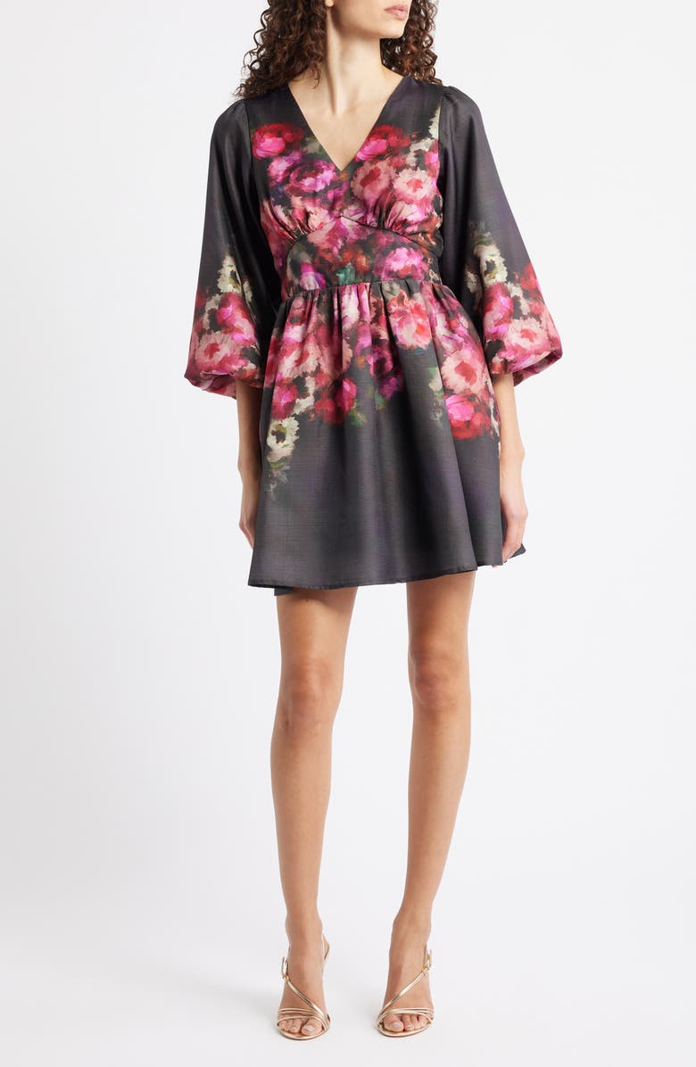 CIEBON Dea Placed Floral Minidress, Main, color, Black/ Fuschia