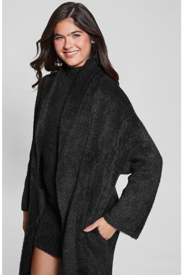 Vero Fuzzy Shawl Collar Longline Cardigan, Alternate, color, JET BLACK