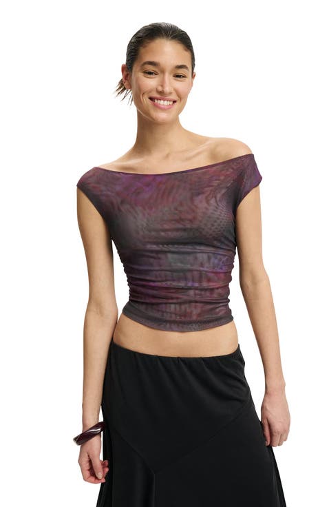 Women
s Gathered Mesh Off Shoulder Top
