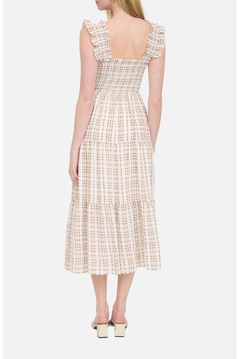 Plaid Ruffle Smocked Fit & Flare Midi Dress, Alternate, color, LIGHT BROWN