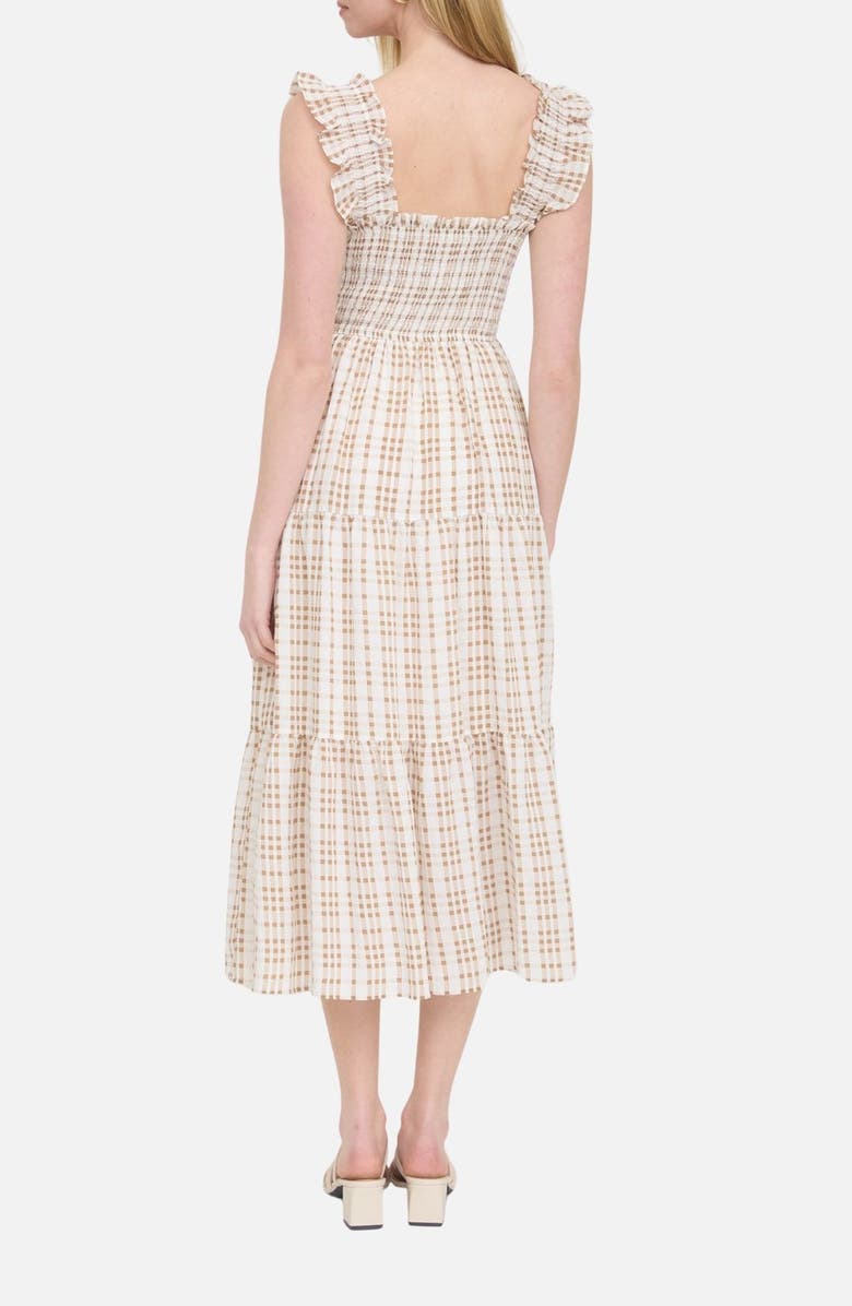 Blu Pepper Plaid Ruffle Smocked Fit & Flare Midi Dress, Alternate, color, Light Brown