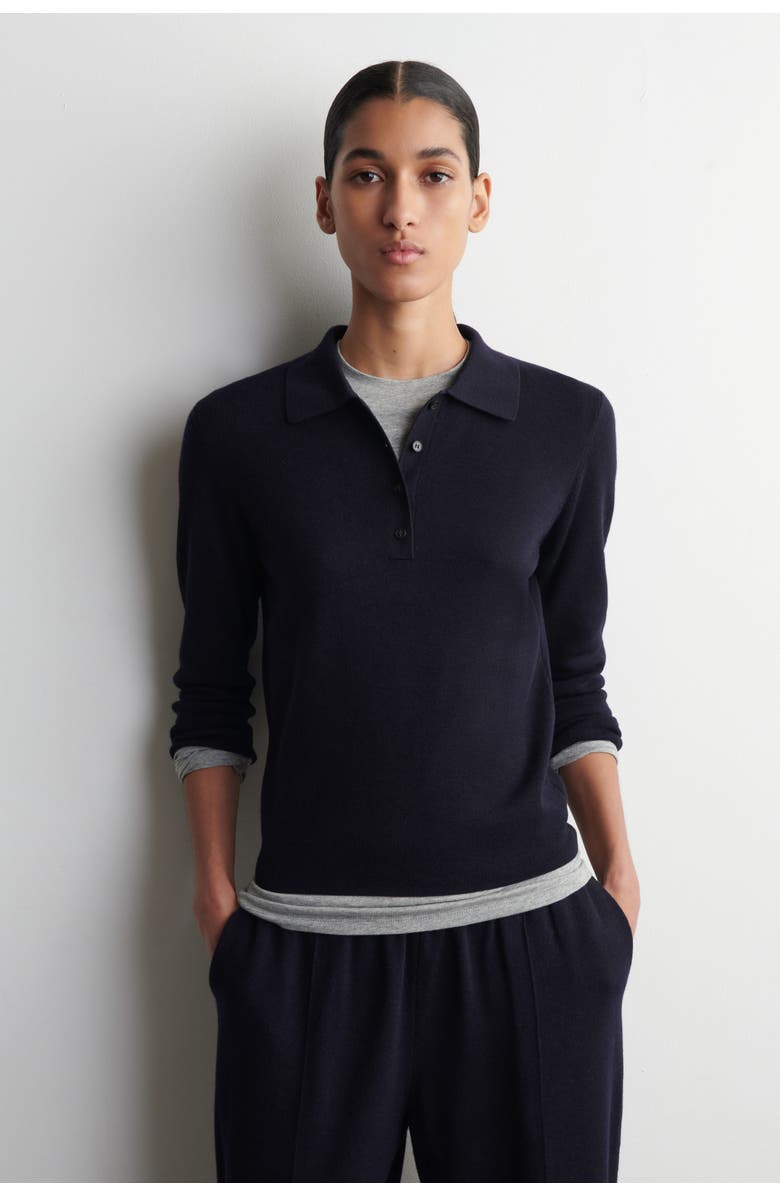 COS Cropped-sleeve Merino Wool Polo Shirt, Main, color, Navy
