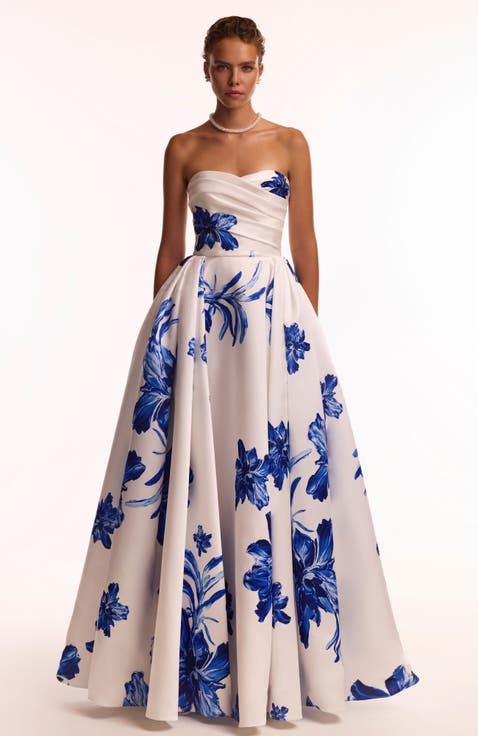 Strapless A-Line Floral Formal Occasion Maxi Dress in White & Blue