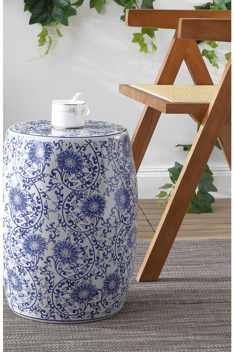 Lotus Blossom Traditional Floral Chinoiserie Ceramic Drum Garden Stool, Pierced Indoor/Outdoor Patio Seat & Side Table, Alternate, color, Blue/White