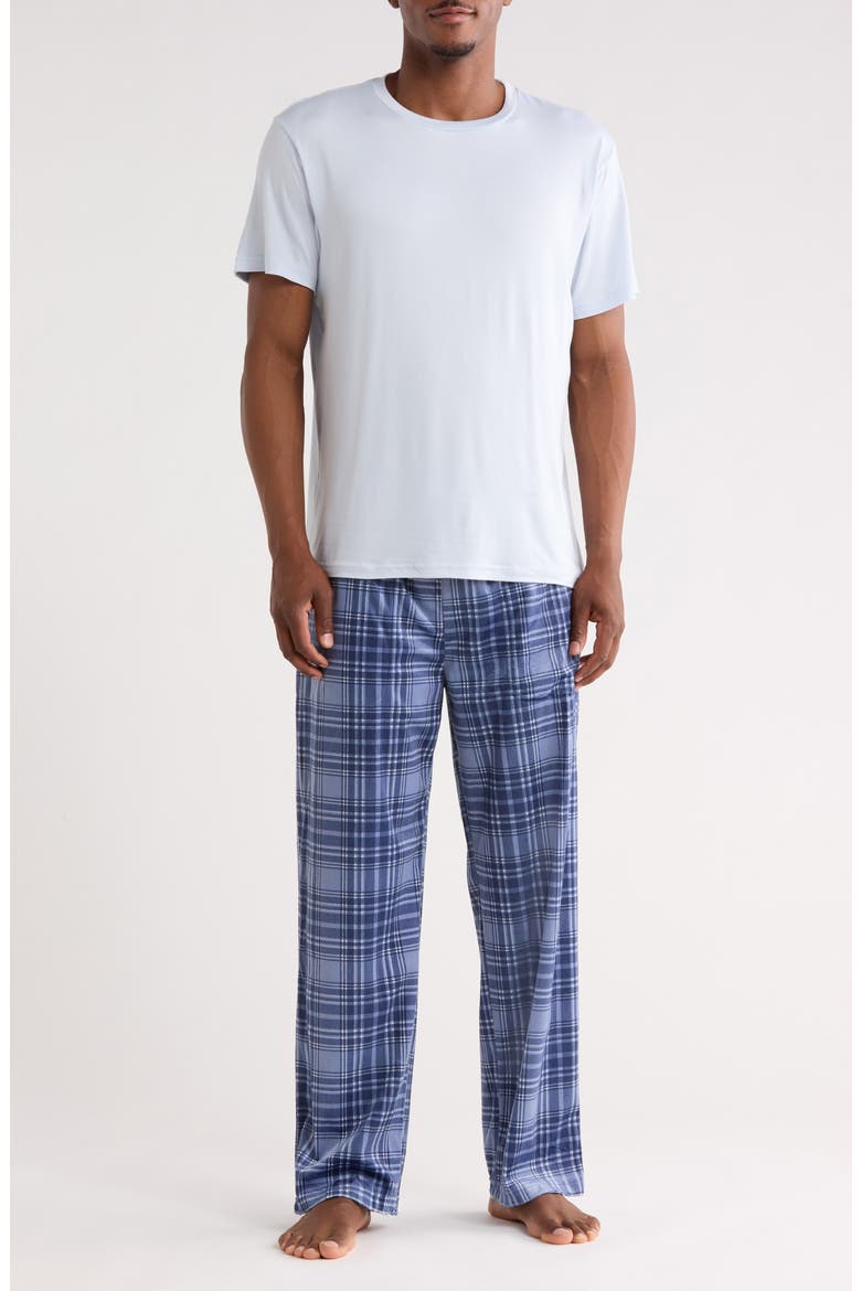 Crewneck T-Shirt & Plaid Pajama Pants Set, Main, color, BLUE
