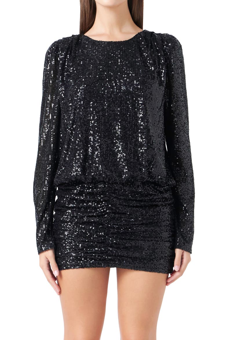 Ruched Long Sleeve Sequin Minidress, Alternate, color, BLACK