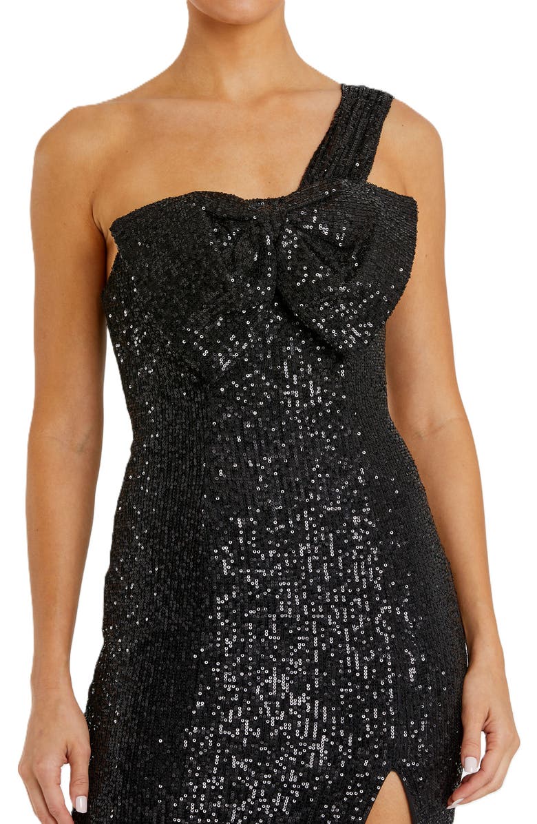 Mac Duggal Sequined One Shoulder Front Bow Dress, Alternate, color, Black