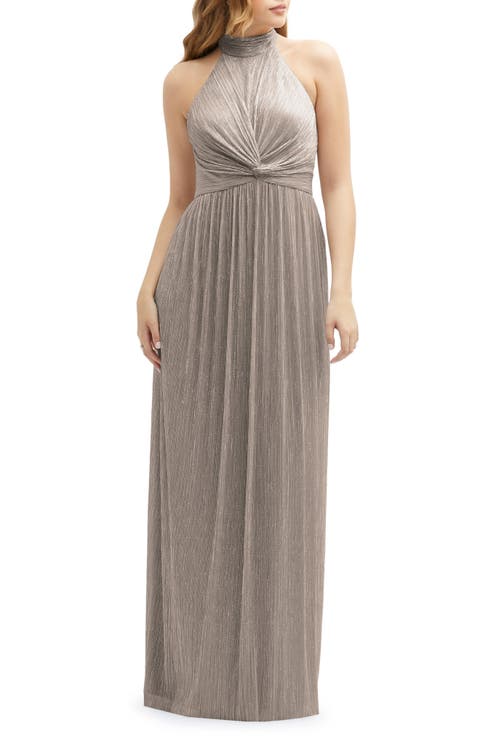 Metallic Pleated Halter Column Gown