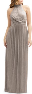 After Six Metallic Pleated Halter Column Gown