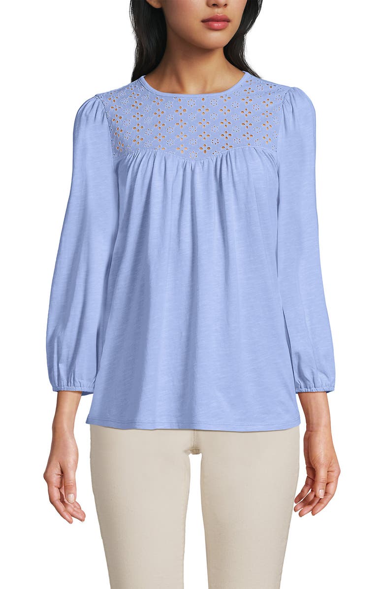 Lands' End 3/4 Sleeve Eyelet Mix Flowy Top, Main, color, Light Sea Blue
