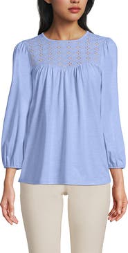 Lands' End 3/4 Sleeve Eyelet Mix Flowy Top
