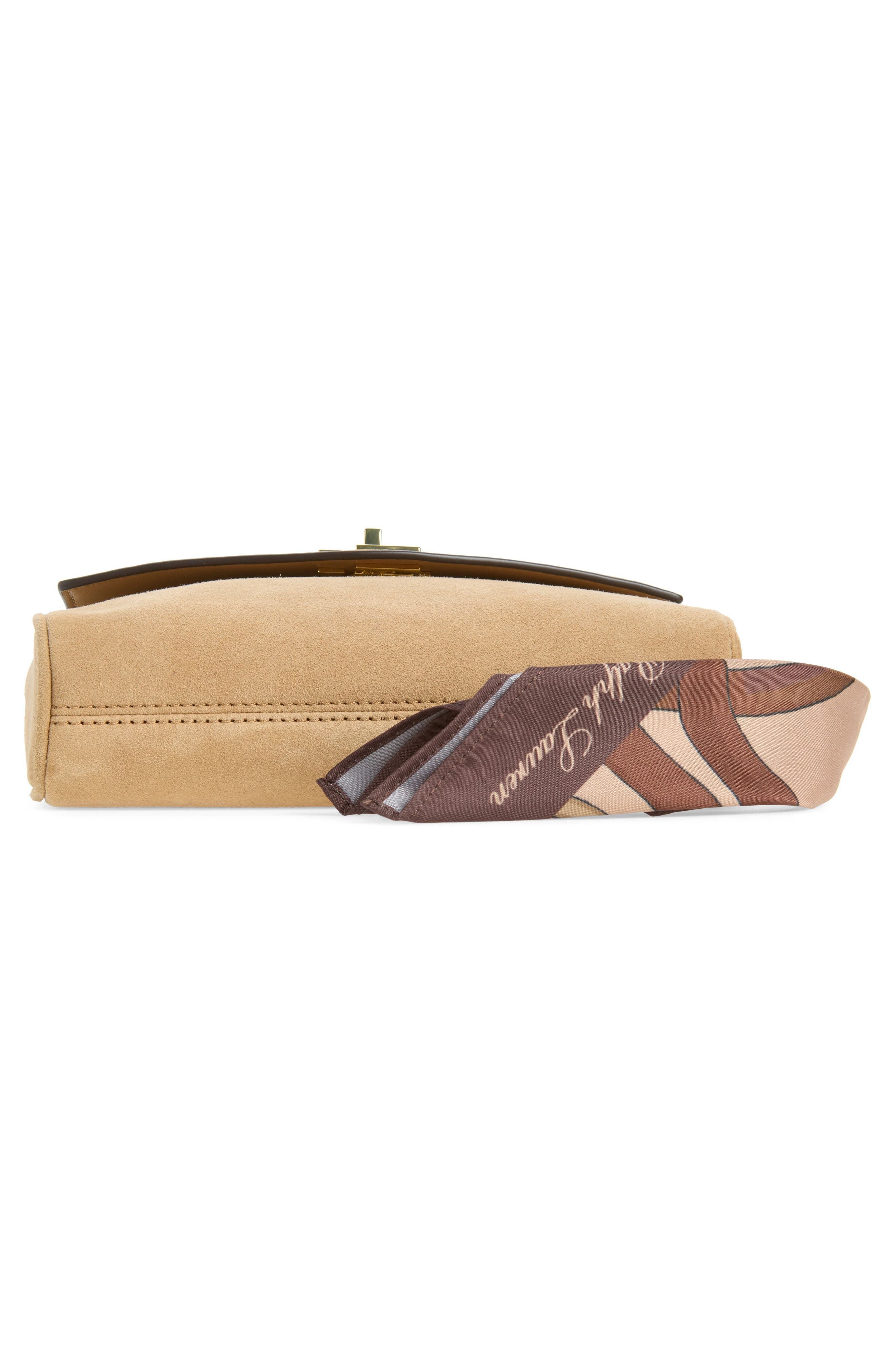 Small Suede Turnlock Crossbody Bag with Scarf, Alternate, color, CAMEL