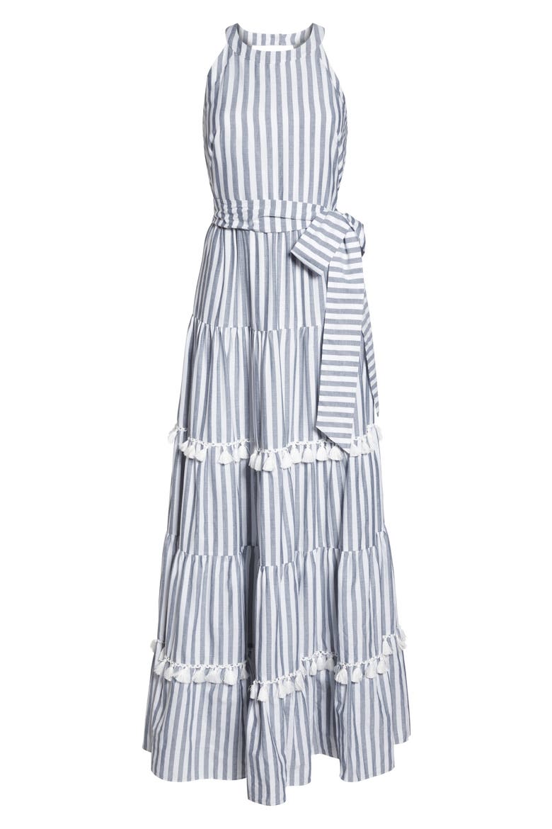 Tiered Tassel Fringe Cotton Maxi Dress, Alternate, color, IVORY/ GREY
