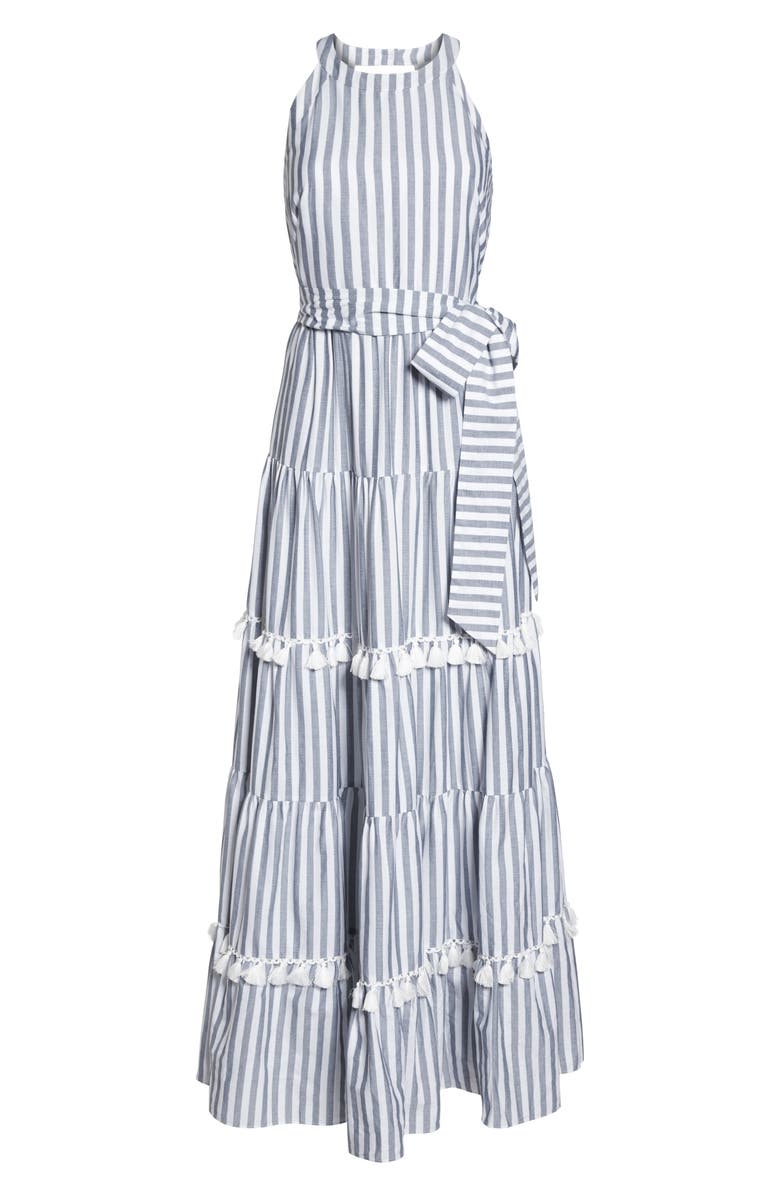 Eliza J Tiered Tassel Fringe Cotton Maxi Dress, Alternate, color, 