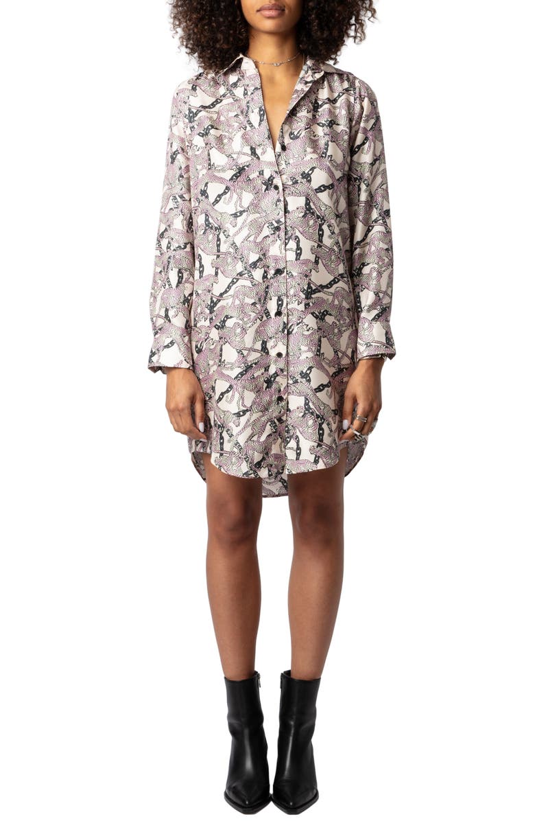Zadig & Voltaire Wild Chains Long Sleeve Silk Shirtdress, Main, color,