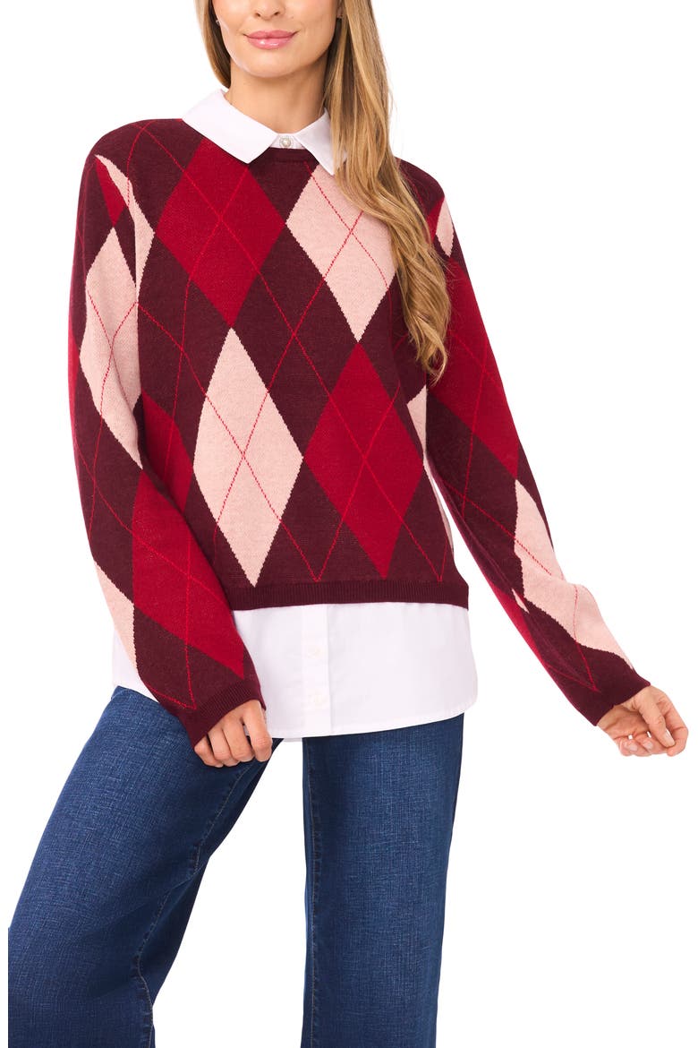 by Cynthia Steffe Pointelle Chevron Stripe Crewneck Sweater, Main, color, RICH BURGUNDY