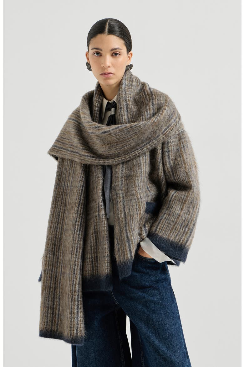 Mohair and wool Prince of Wales double knit outerwear jacket with scarf, Main, color, Brown