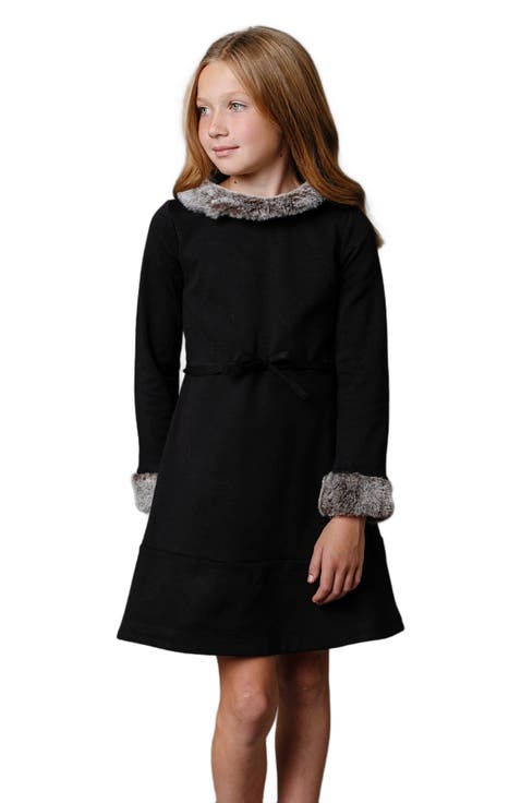 Girls' Long Sleeve Ponte Dress with Faux Fur, Toddler