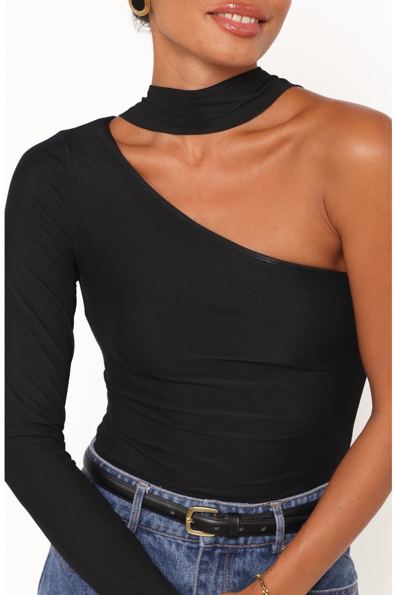 Carlie Scarf Mesh One-Shoulder Top, Alternate, color, BLACK