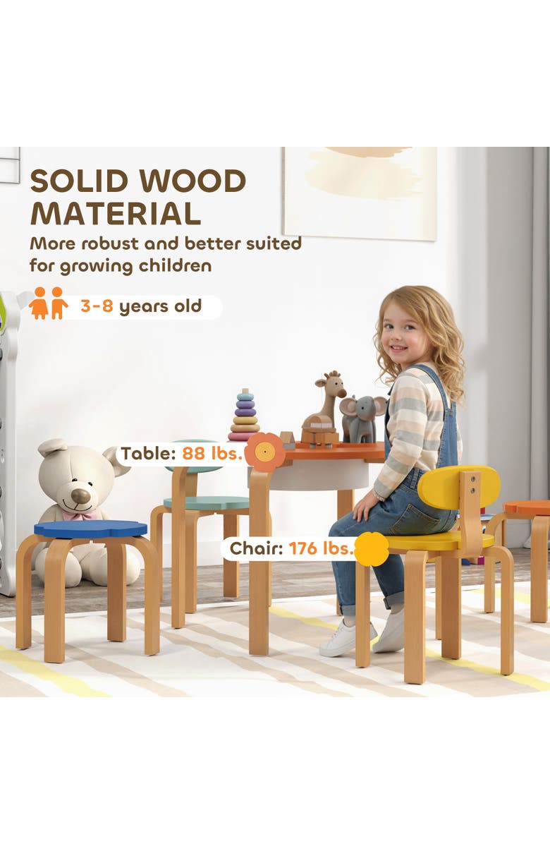 Qaba Piece Kids Table and Chairs Set Flower Shaped Toddler Table and Chair Set with Built in Storage for Drawing Reading Art Craft Activity, Alternate, color, Multi-Coloured