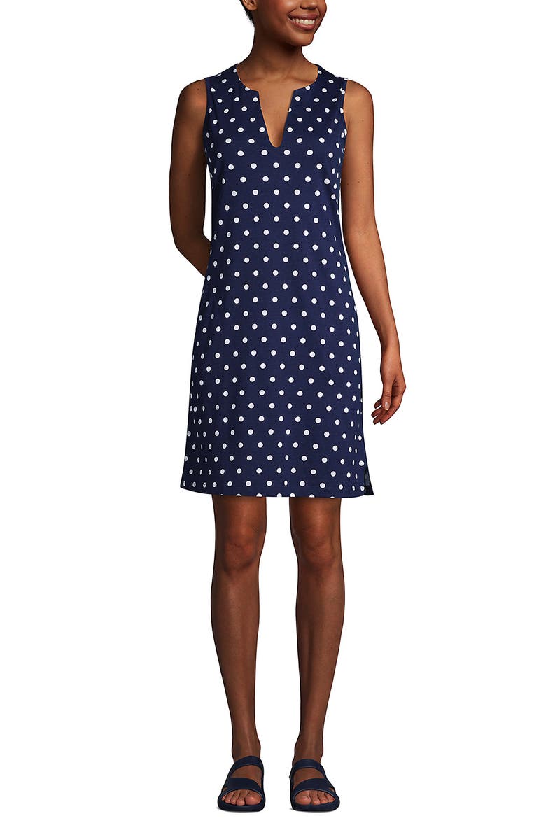 Lands' End Long Cotton Jersey Sleeveless Swim Cover-up Dress Print, Main, color, Deep Sea Polka Dot
