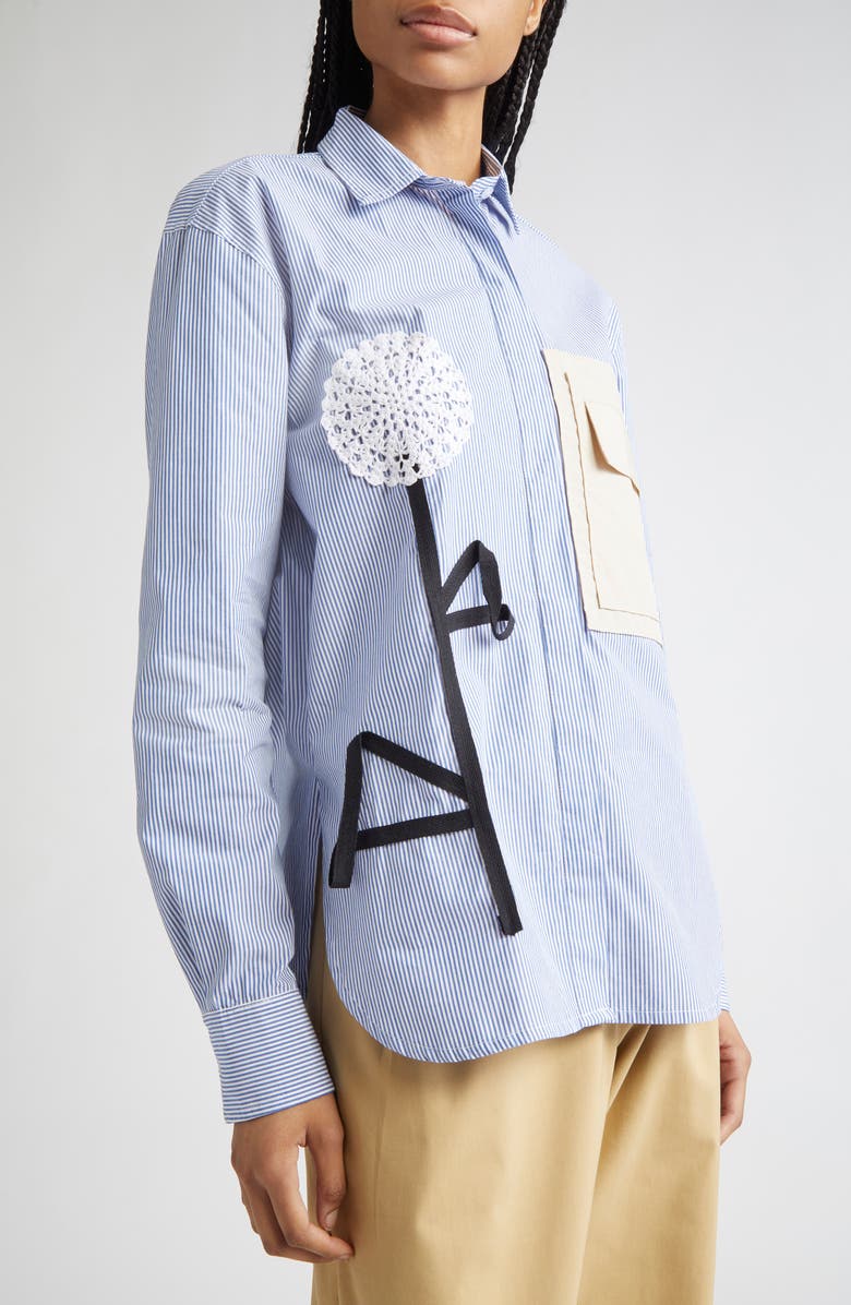 KÚR Crochet Flower Appliqué Stripe Oversize Cotton Button-Up Shirt, Alternate, color, 