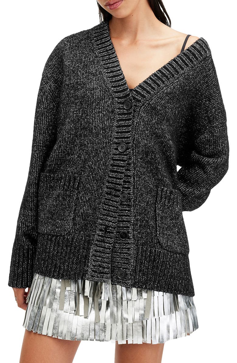 AllSaints Sabrina Metallic Merino Wool Blend Cardigan, Main, color, Black